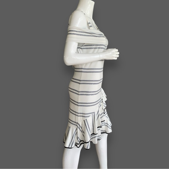 VENUS  CREAM/GREY STRIPED RUFFLE MINI PARTY DRESS. WOMEN’S SIZE MEDIUM - Picture 4 of 9